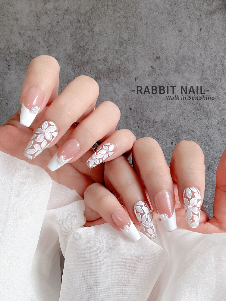 Floral French Handmade Wearable Nails