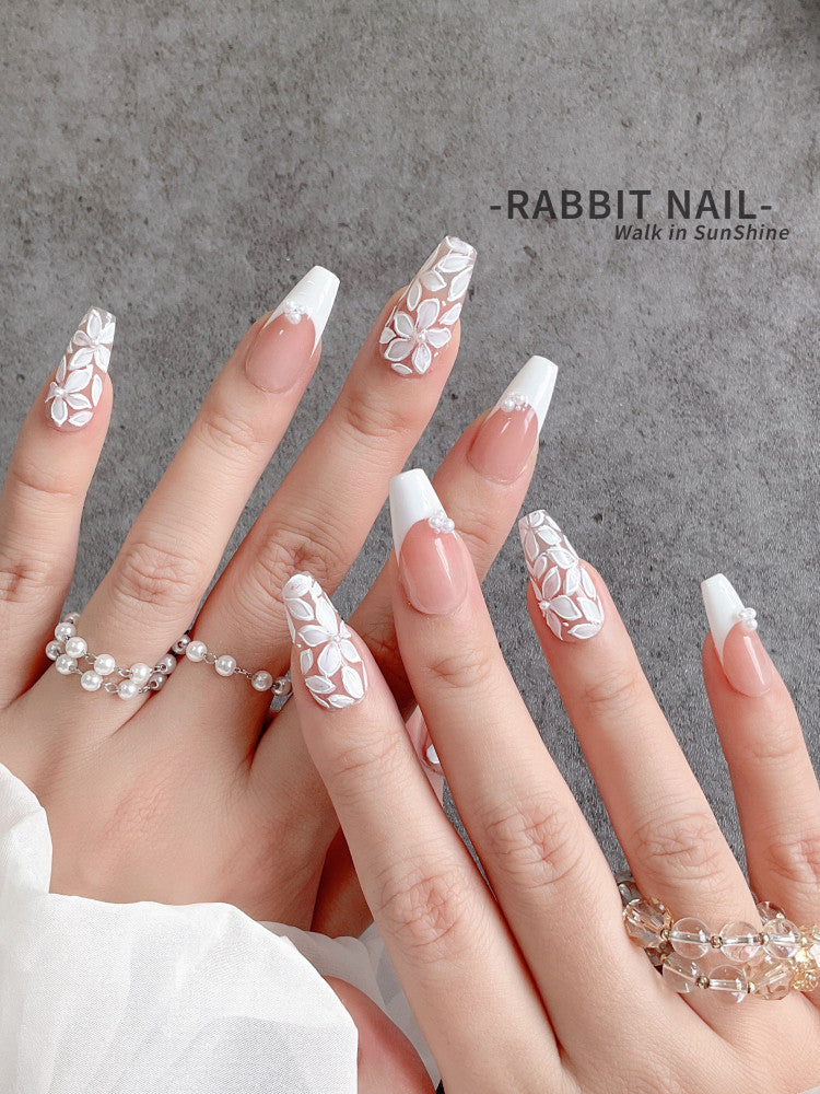 Floral French Handmade Wearable Nails